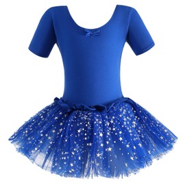 Dancina Leotard Sparkle Tutu Dress Short Sleeve Cute Little Girls Cotton Ballet Dance Outfit 4 Royal Blue
