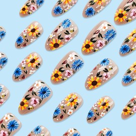 Almond Press on Nails Short Glue on Nails 3D Colorful Flowers & Floral Fake Nails Brown Full Cover Nails Press ons Leaf Artificial Cute Acrylic Nails for Women 24 Pcs