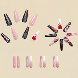 24 Pcs Valentine's Day Press on Nails Long Coffin Fake Nails Press ons Acrylic Nail Art Kit Glue on Nails with Rose Heart Design Full Cover Pink False Nails Stick on Nails for Women