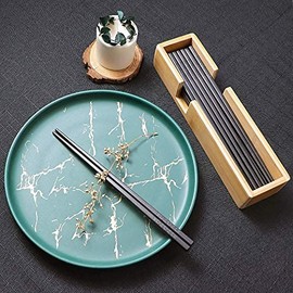 KYONANO Chopsticks, 10 Pairs of Alloy Chopsticks, Dishwasher Safe, Washable, Reusable Fibreglass Chopsticks with Bamboo Storage Box, Lightweight Non-Slip Cutlery, Cherry Blossom