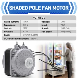 YZF18-25 Fan Motor, 18W 120V 1.01A 60Hz 1550RPM Shaded Pole Condenser Fan AC Motor, Replace Parts YZF10-20 YZF6-13 W0301905 for Refrigeration Equipment Radiator Evaporator, Small Ventilation Equipment