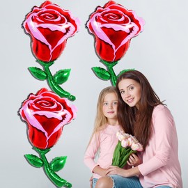 Red Rose Balloons Flower Balloons Mother's Day Balloons Foil Balloons for Mother's Day Themed Party Happy Mother's Day Party Supplies Decorations Party Sets-3 PCS