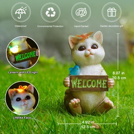 Acgarten Solar Welcome Cat Statue for Outdoor Decor: Outside Garden Sculptures for Ornament Art Patio Balcony Yard Lawn for Lover Mom Women Grandma