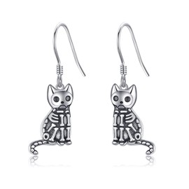 ONEFINITY Skeleton Cat Dangle Earring 925 Sterling Silver Cat Earrings Gothic Jewelry Gifts For Women