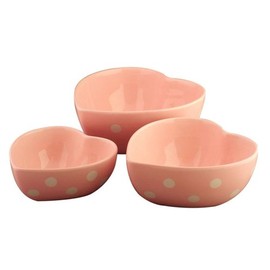 Terramoto Ceramic Polka Dots Heart Dishes, White on Pink, Set of 3