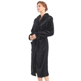 Inner Wish Women Hooded Plush Robe, Fleece Cozy Warm Bathrobe,BLACK+BLACK,L/XL