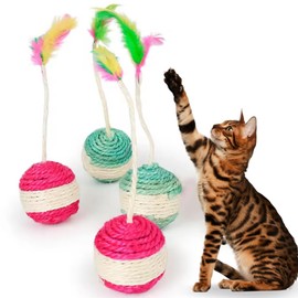 DistriPet Cat Toys, Interactive Toy with Feathers, 4 Pieces of 6.5 cm Diameter Sisal Balls, Fun Game of Scratching and Moving, Encourages Exercise, Ideal for Indoors.