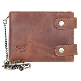 FLW Men's Biker Natural Leather Wallet with a Metal Chain with a Shark, dark brown, Casual