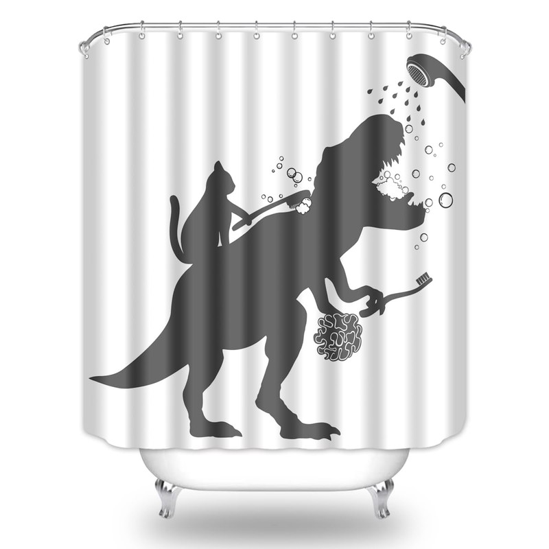 BIYSUC Cat Dinosaur Shower Curtain Funny Cat Help Dino Bathe