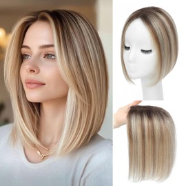 GULALUUK Hair Toppers for Women Real Human Hair 10 Inch Upgrade Swiss Lase Base Toppers Hairpieces with Thinning for Daily Wear (Ombre Light Brown with Blond Highlight