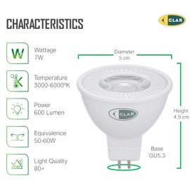 CLAR - GU 5.3 LED, GU5.3 LED, MR16 LED 12 V, LED GU 5.3, LED Halogen Replacement, 12 V LED, LED Spot 12 V, LED GU5.3 Warm White, LED 12 V GU5.3, 12 V LED Lamp, 7 W 6000ºK (Pack of 20)