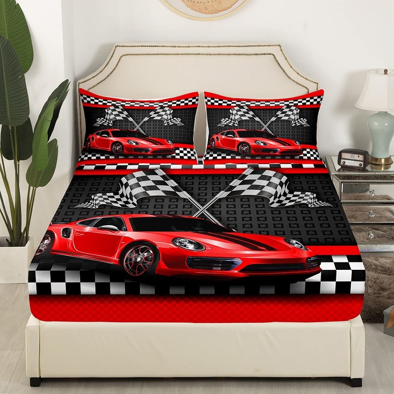 Racing Car Fitted Sheet Single Size, Red Sports Car Bed