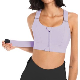 INIBUD Womens High Impact Sports Bra Front Zipper Closure Adjustable Velcro Straps Shockproof Post-Surgery Workout Bra Purple