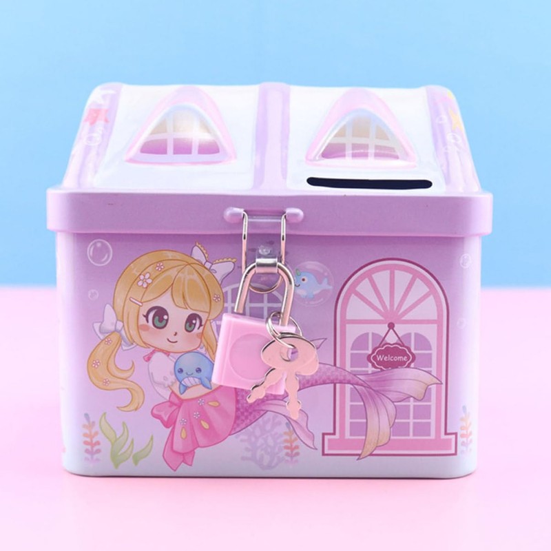 Mobestech 2pcs Adorable Mermaid Pattern Tinplate Coin Bank House Shaped