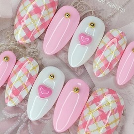 Cozy check handmade nail tips - lipstick / 포근한 체크 수제네일팁 - 립스틱