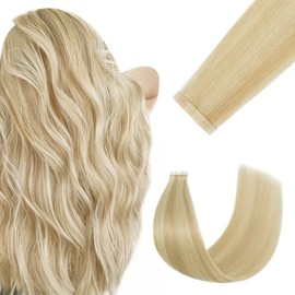 FUOTONBUTY Tape in Hair Extensions Human Hair Double Stitched Invisible Tape in Hair Extensions Seamless Tape ins 20pcs 50g Tape on Real Human Hair (Balayage Caramel Blonde to Bleach Blonde, 14 inch)