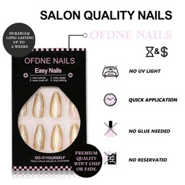 Gold French Tip Press on Nails Medium Almond OFDNE Shiny Fake Nails False Nails with Gold Glitter Designs Full Cover Glossy Glue on Nails Solid Colour Acrylic Nails for Women Girls 24 Pcs