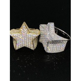 Solid 925 Sterling Silver - Large Men's Hip Hop Star Ring - Iced Flooded Out CZ Pinky Ring - Natural Silver Or 14k Gold Plated - Sz 6-13, Adjustable, Metal, Cubic Zirconia