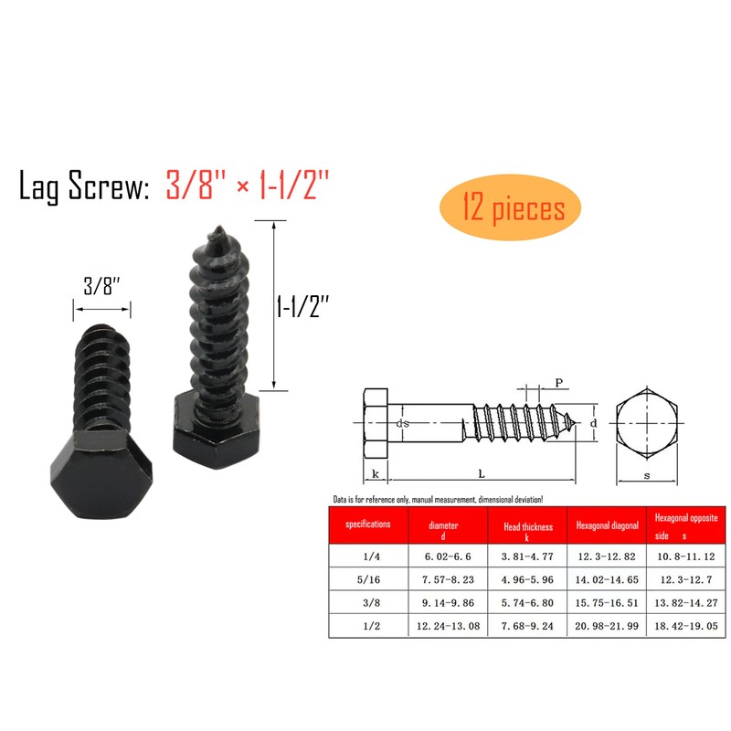 LBY 12pcs Lag Screws, 3/8" x 1-1/2" Hex Head Lag