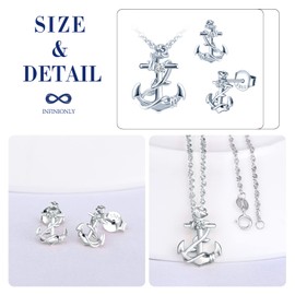 INFINIONLY Necklace Chains and Earrings for Women and Girls, 925 Silver Anchor Jewellery Sets, Anchor Necklace Pendant, Anchor Earrings Studs, Anchor Interwoven with Roses, Zirconia, Silver, Silver,
