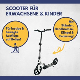 Best Sporting Scooter for Adults and Children, Folding Scooter with Stand, Handbrake, Bell and Suspension, White - Black, City Scooter for Adults, Scooter with Wheel Size 230 mm
