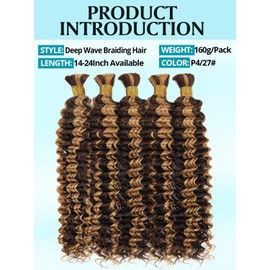 Ombre Highlight Human Braiding Hair for Boho Braids 160g 5 Bundles/Pack 18 Inch Curly Boho Hair for Braiding Knotless 12A Deep Wave Bulk Bohemian Color P4/27