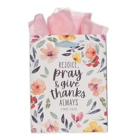 Christian Art Gifts Medium Portrait Inspirational Scripture Gift Bag, Tag & Tissue Wrapping Paper Set for Women: Rejoice, Pray & Give Thanks Bible Verse, Satin Ribbon Handles, White/Multicolor Floral