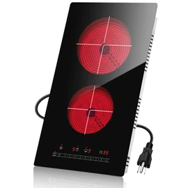 GRACEALL 12 Inch Electric Ceramic Cooktop, 2 Burner Radiant Stove 2000W, Built-In or Countertop Hot Plate with 9 Power Levels, Timer & Plug-In Design