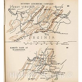 Historic 1910 Wall Map - The American Civil War-maps. - Hunter's Lynchburg Campaign, Early's Dash at Washington 2 16in x 18in