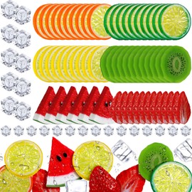 Juexica Fake Fruit Slices Ice Cubes Artificial Fruits for Decoration Fake Lemon Slices Watermelon Strawberries Kiwi with Ice Rocks for Tumblers Vase Decor Fake Bake Crafts(85 Pcs)