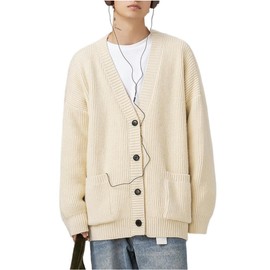 POHADON Mens Cardigan Sweater Button Down Long Sleeve V Neck Cable Knit Sweaters Japanese Streetwear Grunge Clothes, Beige, Medium