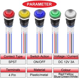 MKBKLLJY 5Pcs 12mm Latching LED Push Button Switch Black Shell IP65 Waterproof Self-Locking Push Button Switch SPST 2Position ON Off with Terminal Wires for Car 5Color(Red/Yellow/Blue/Green/White)