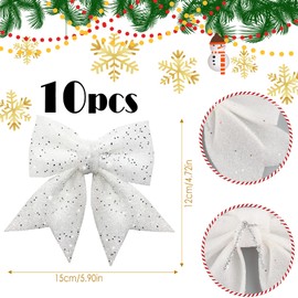 Hyran Pack of 10 Christmas Tree Bows, Glitter Christmas Bows, Red Bows Christmas, Gift Bows, Christmas Tree Decoration (White)