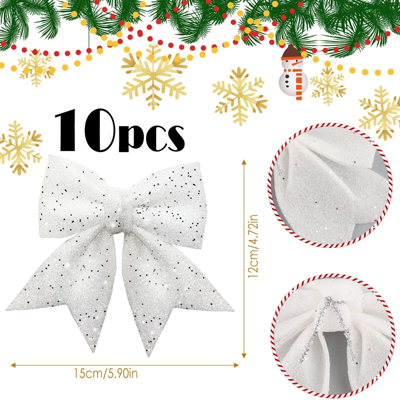 Hyran Pack of 10 Christmas Tree Bows, Glitter Christmas Bows,
