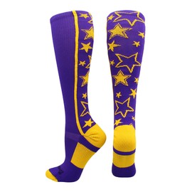 Crazy Socks with Stars Over the Calf Socks (Purple/Gold, Medium)