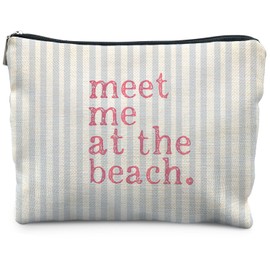 RYYCDOI Coastal Beach Makeup Bag, Meet Me at the Beach Cosmetic Bags for Women, Gifts for Ocean Lovers, Preppy Cute Blue Striped Beachy Nautical Zipper Makeup Pouch