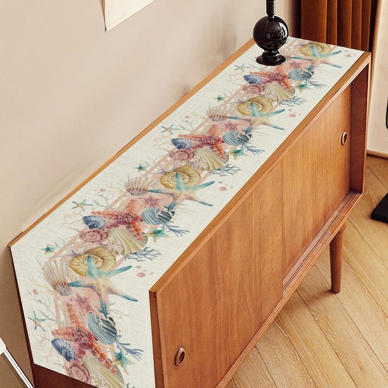 Nautical Table Runner, Summer Coastal Starfish Table Decor 13"x36"