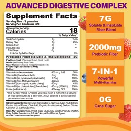 1Pack Fiber Gummies for Adults with Psyllium Husk, 7G(Soluble + Insoluble) Daily Prebiotic Fiber with Inulin, FOS, Guar Gum, Multivitamins for Daily Digestive Health, Regularity Gut Support,Sugar Free