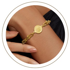 KOMI St Benedict Bracelet for Women 18K Gold Plated Stainless Steel U-shaped Chain Link Saint Benedict Medal Bracelet Catholic Religious Protection Jewelry Gifts