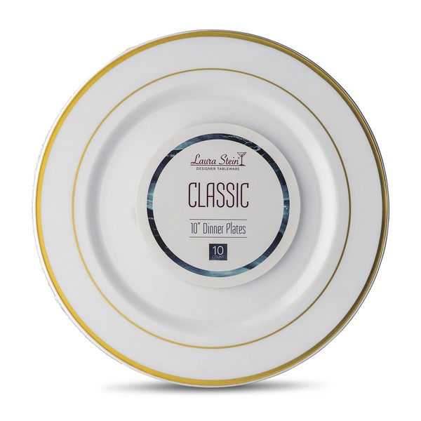 [40 Count - 10 Inch Plates] Laura Stein Designer Tableware Premium Heavyweight Plastic White Dinner Plates With Gold Border, Party & Wedding Plate, Classic Series, Disposable Dishes