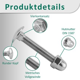 DSM - Carriage Bolts M5 x 50mm DIN 603 - M5 Acorn Nut DIN 1587 - A2/V2A Stainless Steel - Full Thread - Round Head Square Head Screws - Dome Nuts - High Shape - Pack of 25