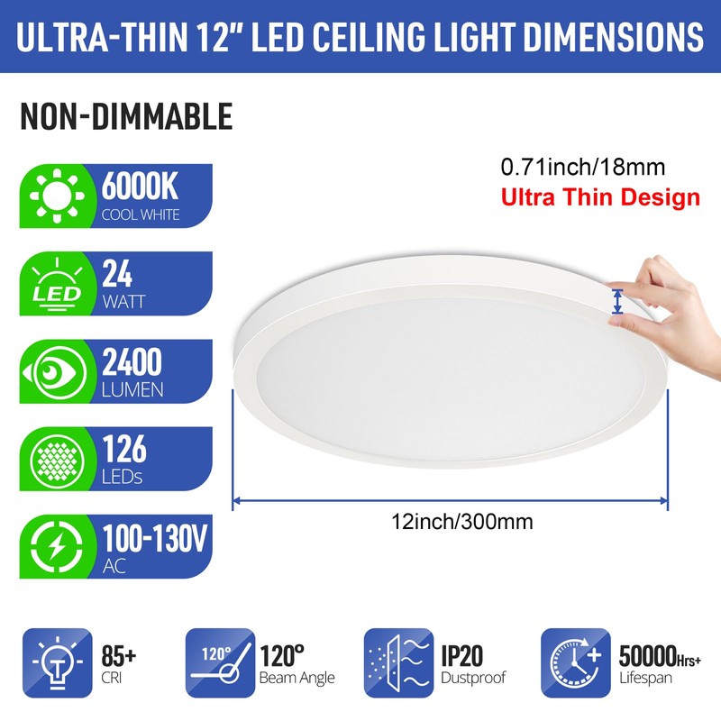 SunRider LED Flush Mount Ceiling Light Fixture, 6000K Cool White,