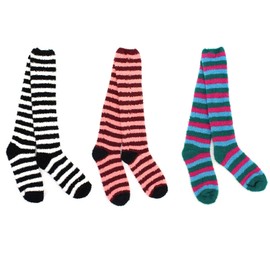 BambooMN Super Soft Warm Microfiber Fuzzy Knee High Striped Socks - Assortment 8-3 Pairs