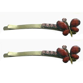 Pair of Butterfly Hairpins with Colorful Beads and Sparkly Rhinestones P86375-1pairBrown