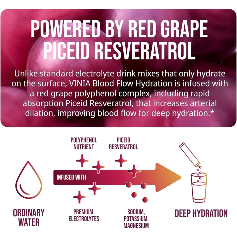 VINIA Resveratrol Electrolyte Hydration Powder Mix Mixed Berry Flow& Circulation