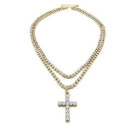 Pyramid Jeweler Mens Iced Out Cz Ankh Cross Hip Hop Pendant 3mm 16" & 18" 1 Row Tennis Chain Necklace (Cross Tennis Necklace Gold)