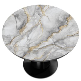 cfpolar Marble Round Tablecloth with Elastic Edge, Modern Art White Marble Washable Wipeable Tablecloth, Polyester Table Cover for Kitchen Dining Party Wedding Holiday Fits Round Table 40-44 in