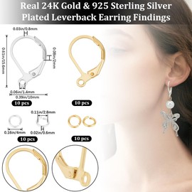 Beebeecraft 1 Box 20Pcs Leverback Earring Findings 24K Gold & 925 Sterling Silver Plated French Earring Hooks 15.6x10x2mm Interchangeable Dangle Ear Wire with Jump Rings for Jewelry Making
