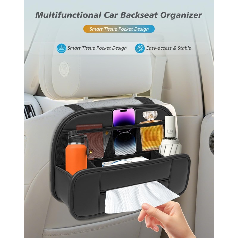 FLORICH 5-in-1 Car Backseat Organizer, Premium Leather Headrest Seat Back