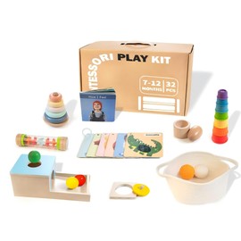 WOODMAM Montessori Toys for Babies 6-12 Months, 9 in 1 Educational Wooden Toys Set, Includes Object Permanence Box, Rain Maker, Treasure Basket, Stacking Cups, Mirror Puzzle and More